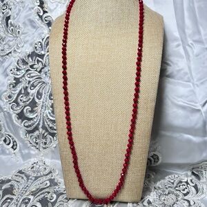Women’s Necklace Glass Beads Red Faceted Hand Knotted Over The Head 4145 Y